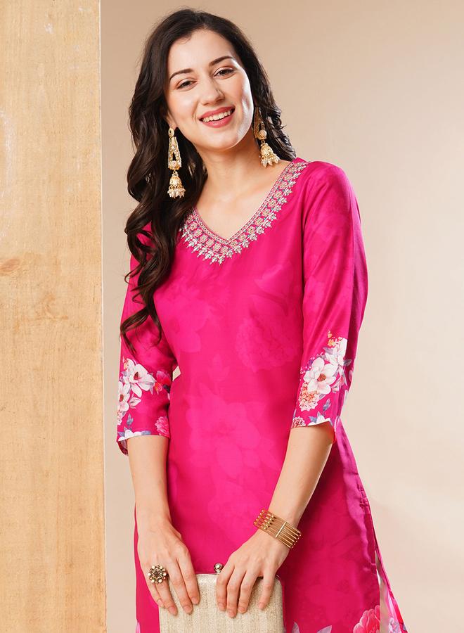 globus Floral Print V Neck Straight Kurta - Image 4